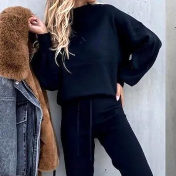 BLACK COLOR LARGE SWEATSHIRT AND SWEATPANTS FLEECE FEEL COORDINATED SET - Picture 3 of 3